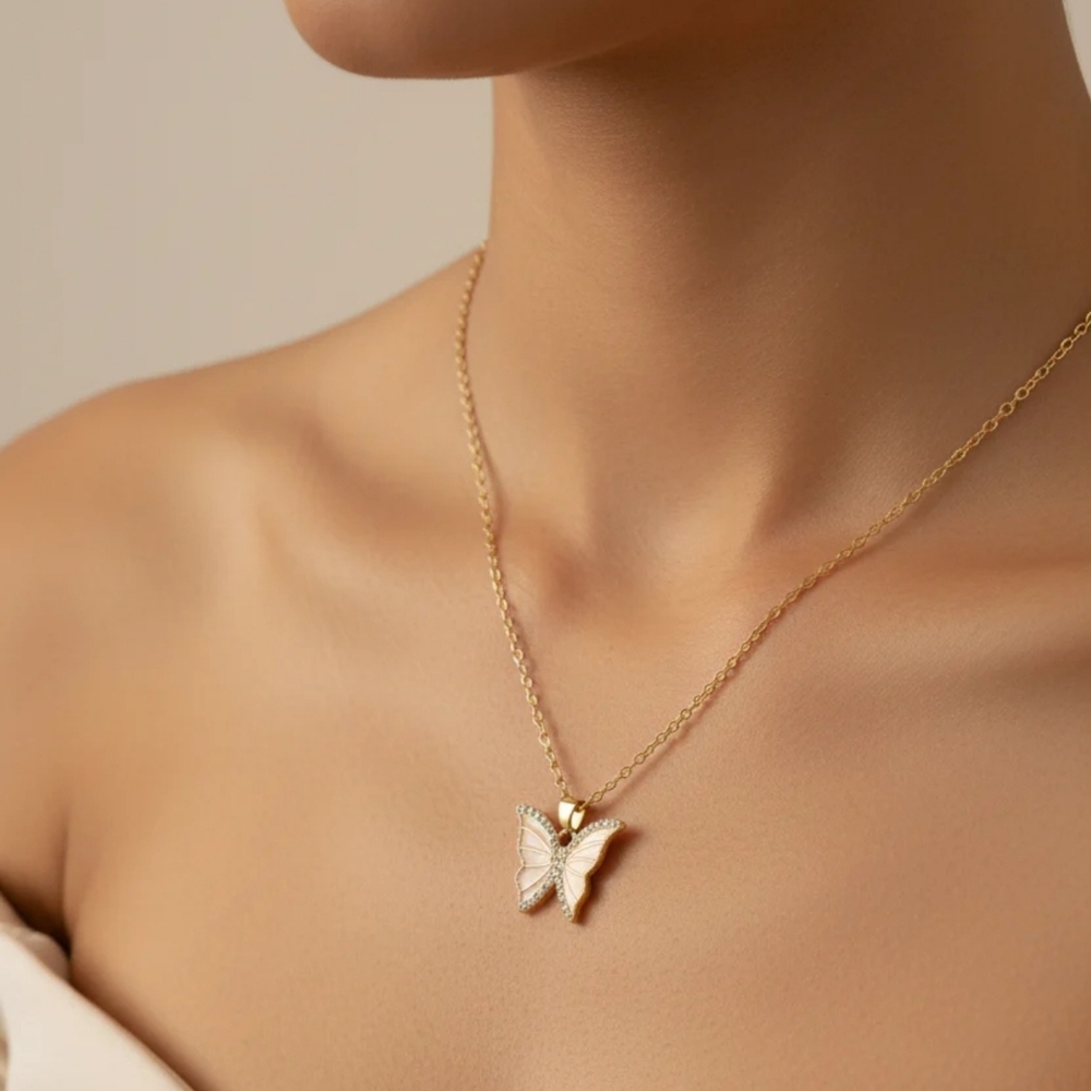 Gold Tone Butterfly Pendant Necklace, Women's Jewelry, Lobster Claw Necklace